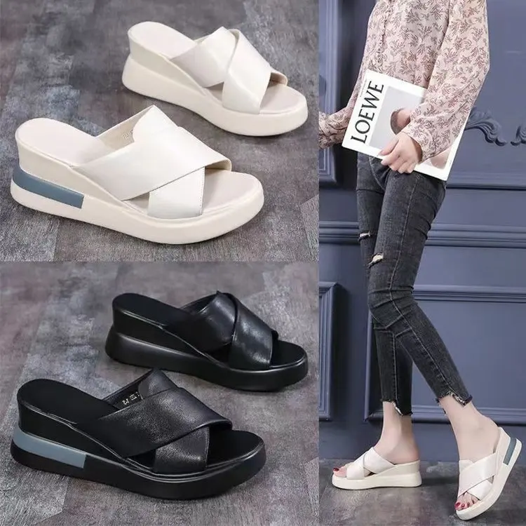 2023 Summer Comfortable Fashion Muffin Thick Bottom Slope Heel Women's Sandals Back Empty Snap Sandals Large Size Light Sandals