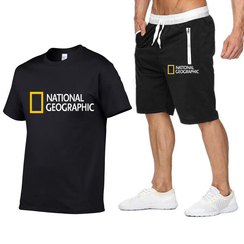 

National Geographic Indication Two Piece Suit Men's Cotton Short Sleeve T-shirt + Shorts Man Casual Sports Wear Fitness Wear