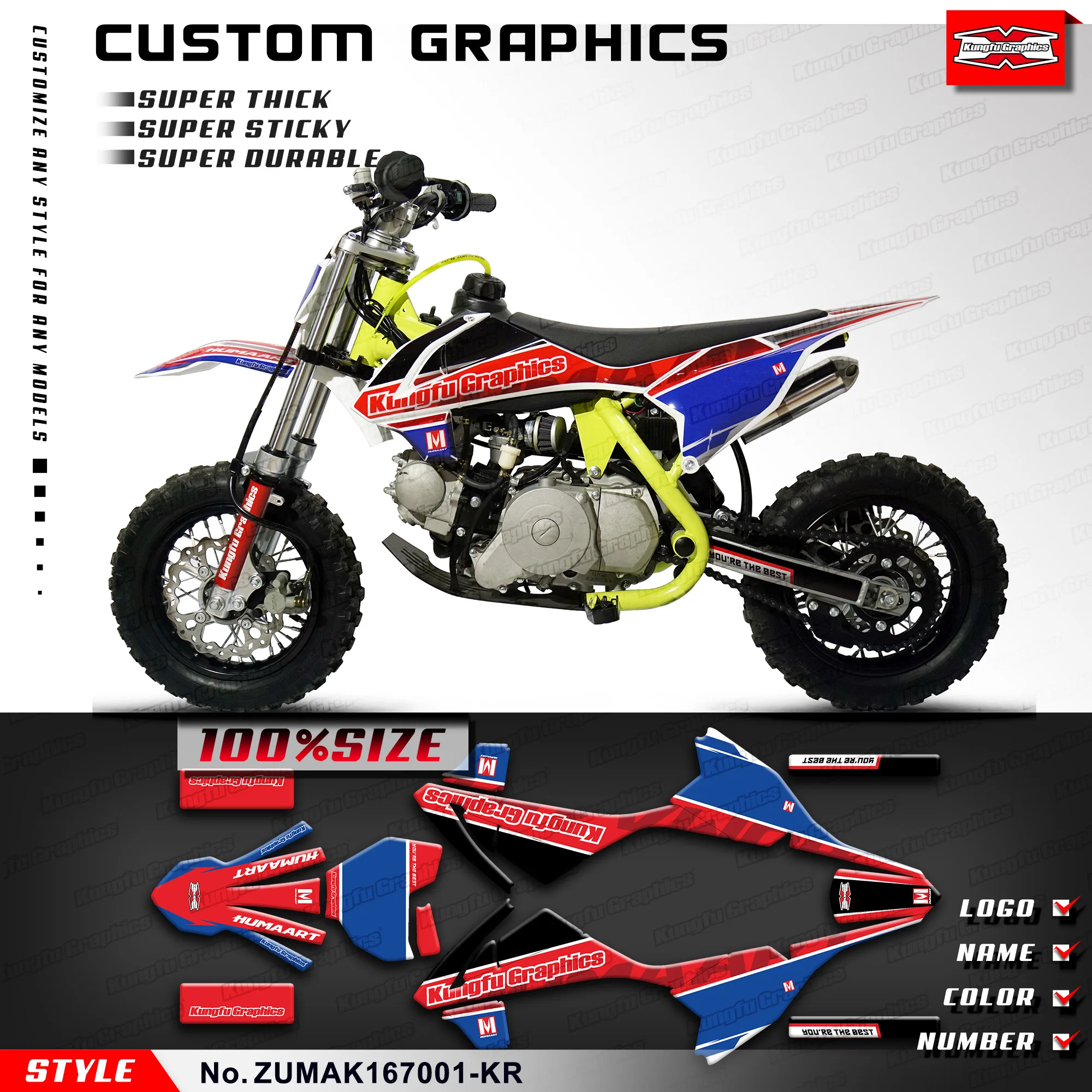 KUNGFU GRAPHICS Kids Mini Dirt Bike Racing Graphics Мотоциклетные наклейки для ZUUMAV K1 50 60 70