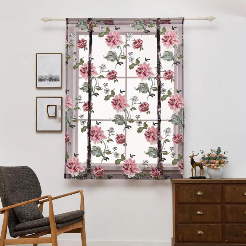 

Floral Design Kitchen Curtains Short Sheer Roman Blinds Door Modern Tulle Fabrics Valance