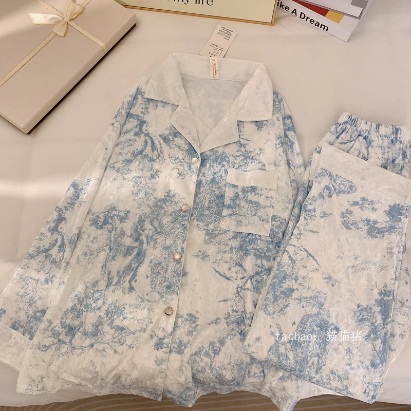 

Золотая Бархатная Пижама женская осень и зима 2023 Новинка Высококачественный костюм с длинными рукавами на весну и осень домашняя одежда