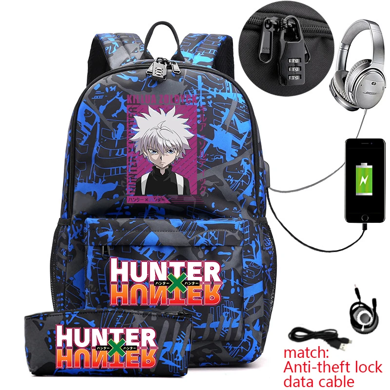 Фото Рюкзак Hunter x Hunter в стиле аниме для студентов, повседневный рюкзак с защитой от кражи и пеналом для мальчиков и девочек, школьная сумка №2