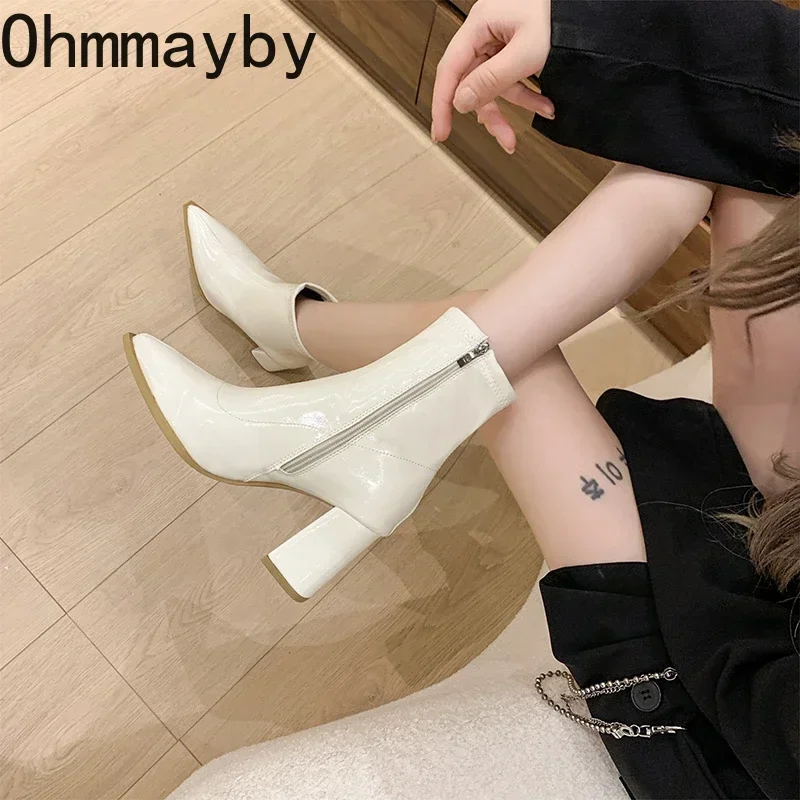 Женские ботильоны на молнии сбоку с острым носком толстом каблуке