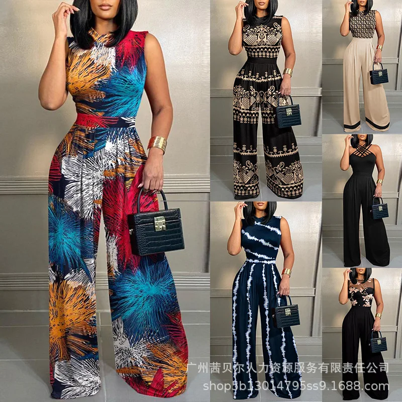 Jumpsuit for Women 2023 Summer Fashion Vintage Bohemian Print Sleeveless New O Neck High Waist Wide Leg Jumpsuit Casual Rompers