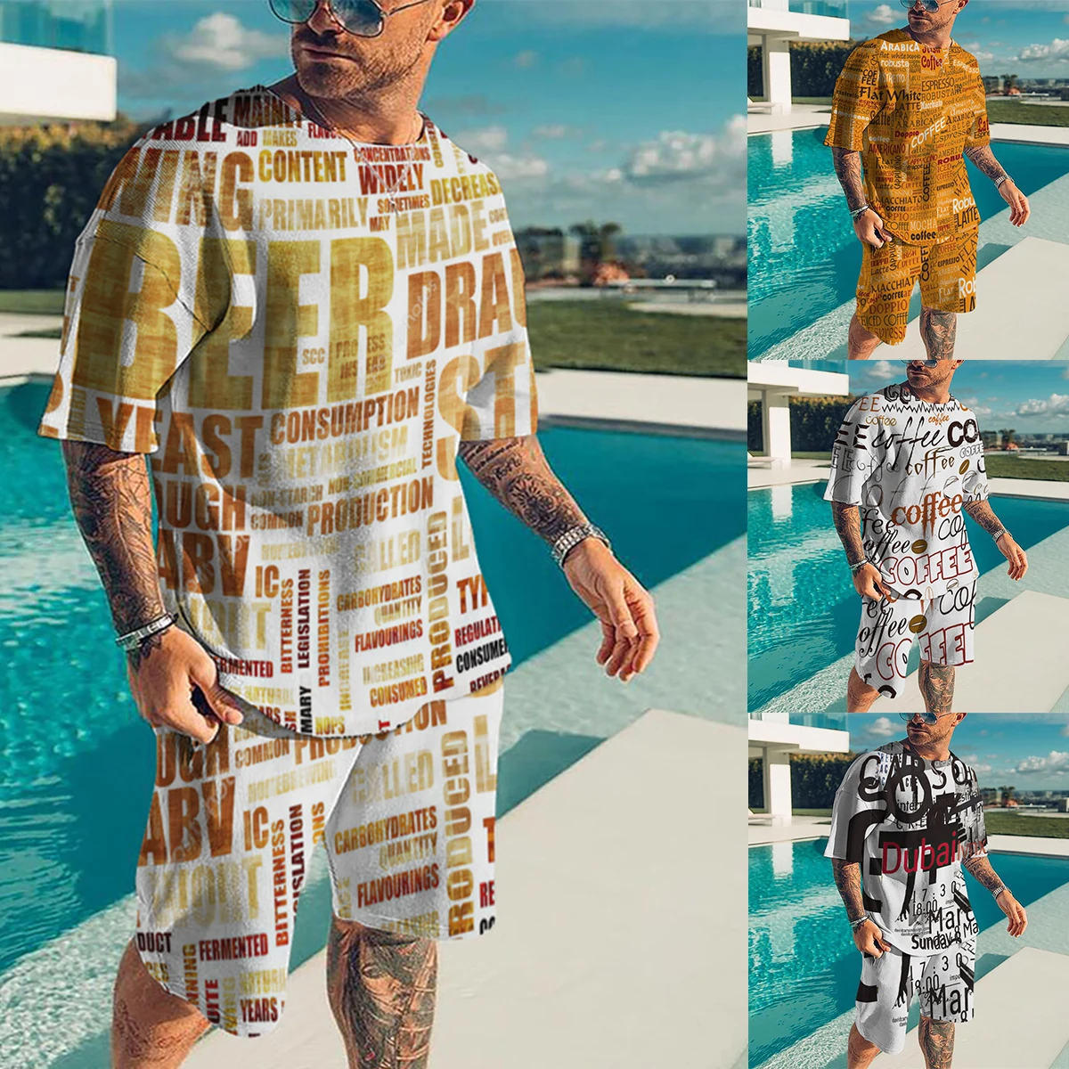 

Мужской комплект из футболки с круглым вырезом и шортов, с 3D-принтом букв