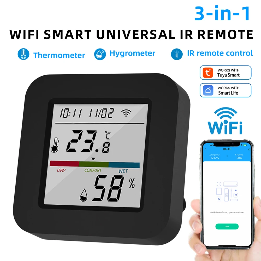 Фото Универсальный ИК-пульт Arumny Tuya Smart WiFi с ЖК-дисплеем, датчиком температуры и влажности, управлением через приложение Smart Life и голосовым управлением, совместим с Alexa и Google Home №1
