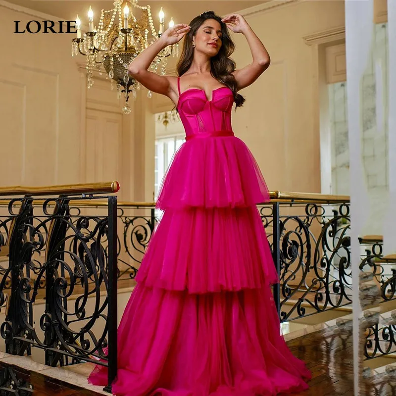 

LORIE Hot Pink Prom Dress A Line Spaghetti Straps Ruched Tulle Tiered Party Evening Gowns Sleeveless Party Dresses 2023