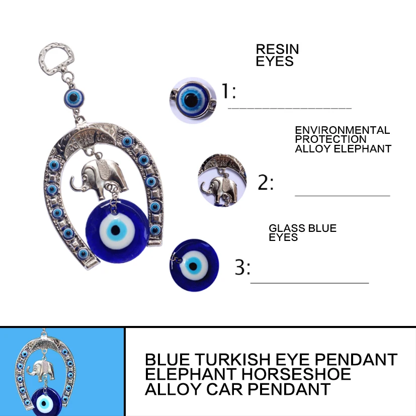 Turkish Blue Eye Amulet Horseshoe With Elephant Ribbon Ethnic Wall Hanging Lucky Pendants Wind Chimes Home Car Decoration Gift images - 6