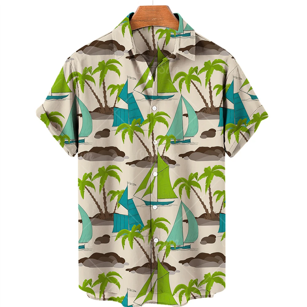 

2022 Coconut Tree Men Hawaiian Shirt Casual Fashion Button Hawaiian Print Beach Short Sleeve Quick Dry Top S-5xl