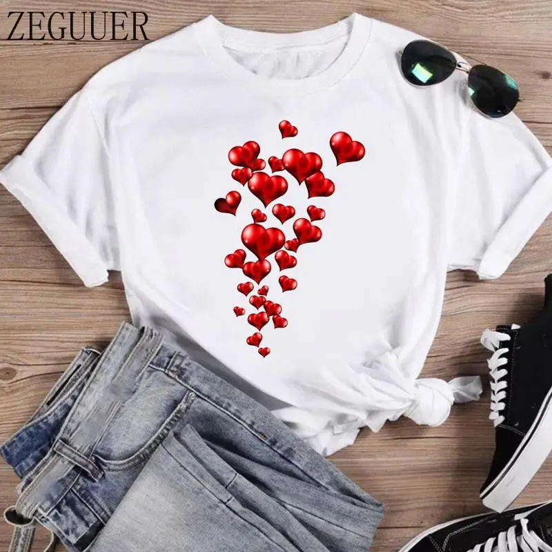 

Футболка женская с коротким рукавом, милый модный топ с принтом Love Valentine, с мультяшным принтом, с графическим рисунком, летняя рубашка