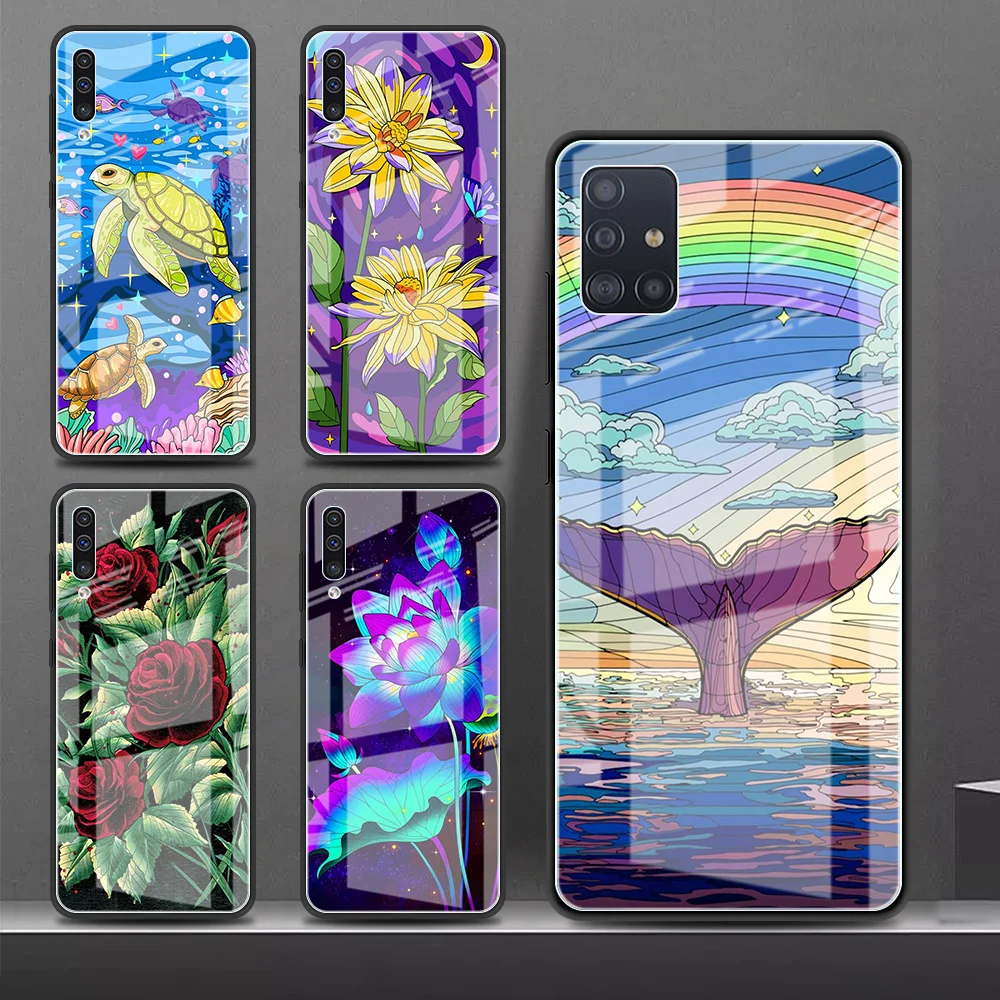 

Animal Flower Cute Glass Case For Samsung Galaxy A52 A71 A50 A51 A70 A21s A31 A72 A10 A12 A30 A11 A22 5G Phone Cover