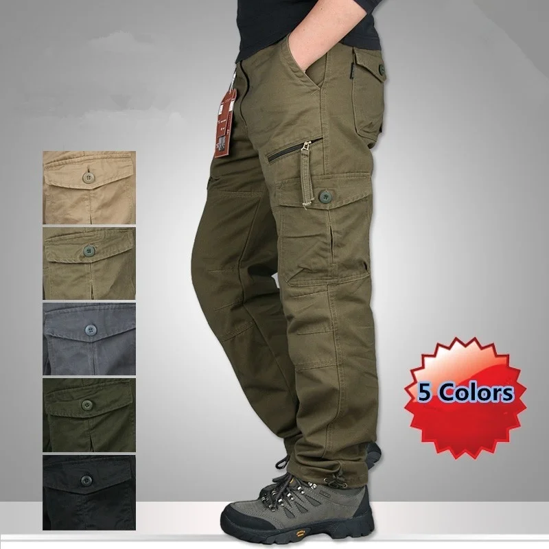 

5XL Mens Multi-pockets Straight Overalls Spring Autumn Outdoor Hiking Sports Camping Loose Cotton Wearproof Military Cargo Pants