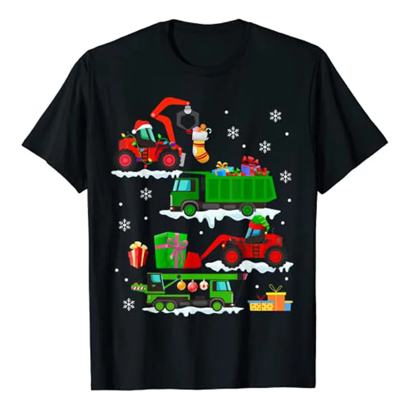 

Construction Vehicle Christmas Red Trucks Winter Boys Kids T-Shirt Gifts for Son Family Matching Xmas Costume Graphic Tee Tops