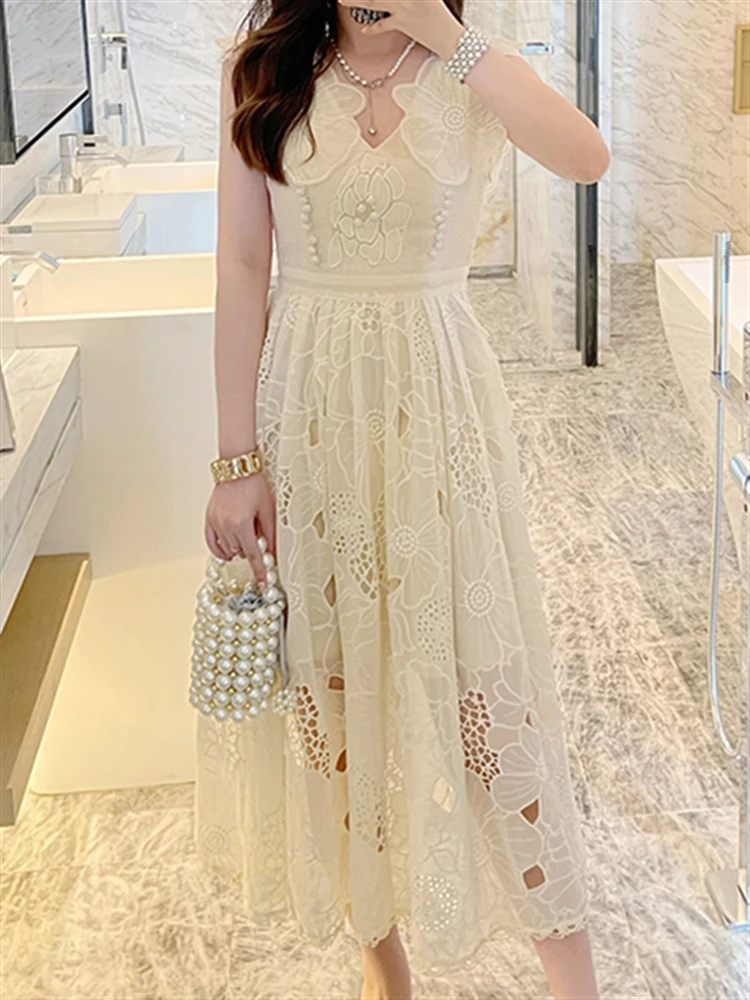 Solid Apricot Embroidery 2022 Sundress Women Sleeveless Vintage Beach Party Sexy Backless Boho Runway Lace Dress Summer Vestido