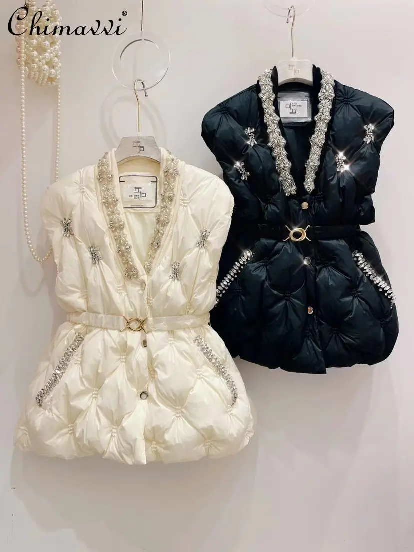 Autumn Winter New Heavy Industry Beads Rhinestone Flower Belt Design Vests Coat Loose Slimming V-Neckline Down Vest for Women