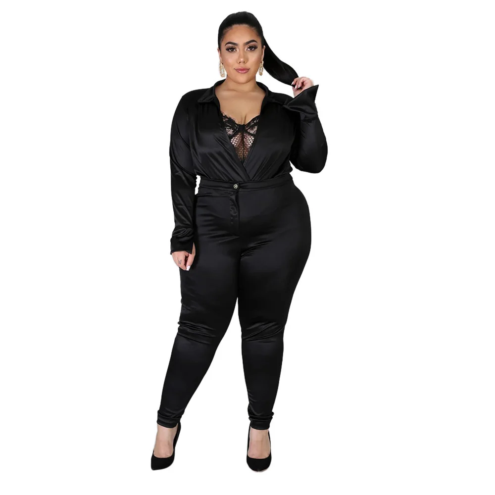 Plus Size Winter Bodysuits Sets Women Clothing Solid Color Long Sleeve v Neck Two Piece Pant Suits Whol 3xl 4xl 5xl 6xl