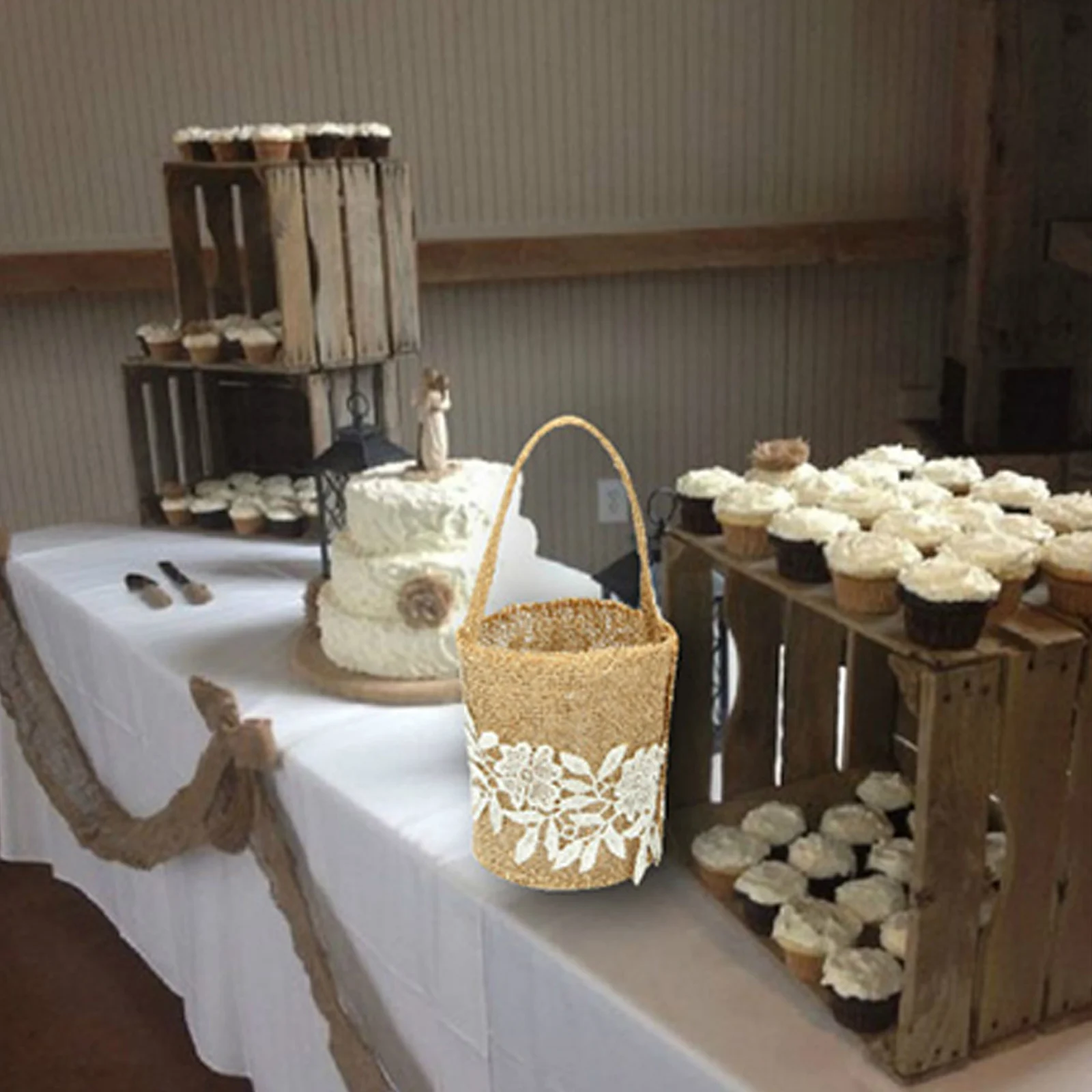 Wedding Flower Girl Basket Vintage Rustic Style Bowknot Wood Heart Design Burlap Hessian