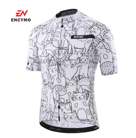 

2021 Breathable Unisex White Cartoon Cat Cycling Jersey Spring Bike Clothing Road Team Bicycle Wear Shirts