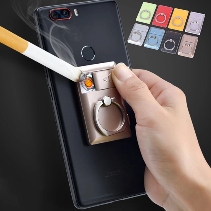

2 IN 1Ring USB Charging Lighter Creative Mobile Phone Holder with Electronic Cigarette Lighter Men Gift Smoking Accessories