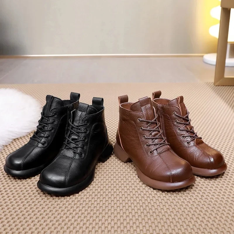 New Autumn Winter Women Genuine Leather Boots Retro Ladies Ankle Boots Platform Lace Up Female Short Boots British Style Botas