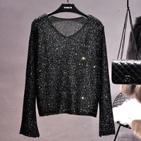 spring and summer new bingbing sequins v neck horn sleeved hollow knitted sweater sunscreen long sleeved bright silk top women