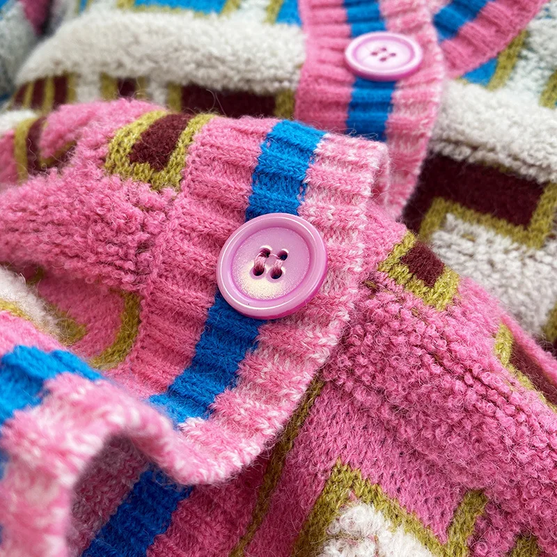 Женский контрастный вязаный кардиган в стиле ретро с радужным v-образным вырезом