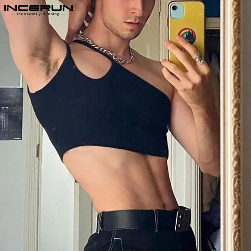

2022 Men Tank Tops Sexy Solid Color Vacation Sleeveless Irregular Vests Men Streetwear Hollow Out Skinny Crop Tops S-5XL INCERUN