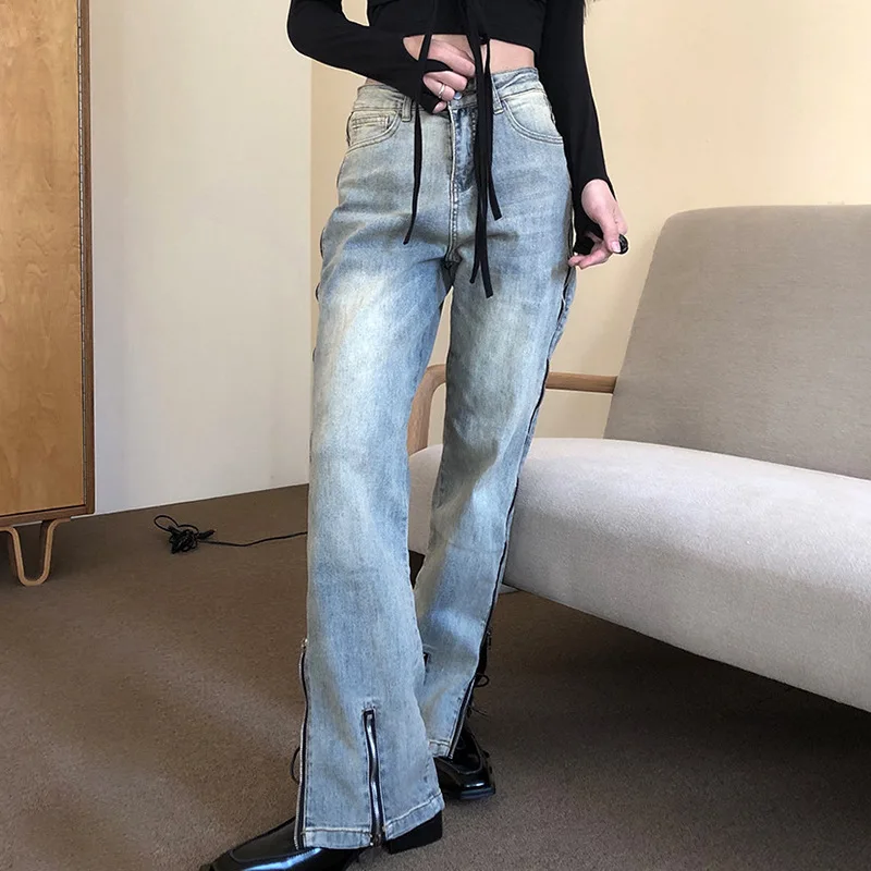 

Женские винтажные джинсы с застежкой-молнией сбоку, с разрезом, Y2K, с низкой посадкой, потертые джинсовые брюки, уличная одежда, мешковатые расклешенные брюки, 2023
