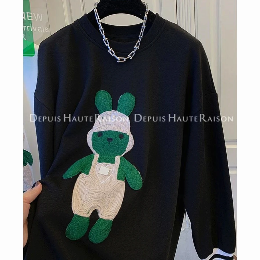 

INS High Street Kawaii Rabbit Knitted Embroidery Sweatshirt Loose O-neck Hip Hop Cartoon Clothes Women Girls Black White Y2K TOP