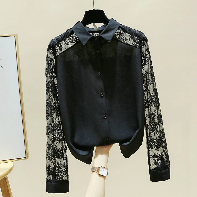 Блузка женская шифоновая с длинным рукавом и отложным воротником E60