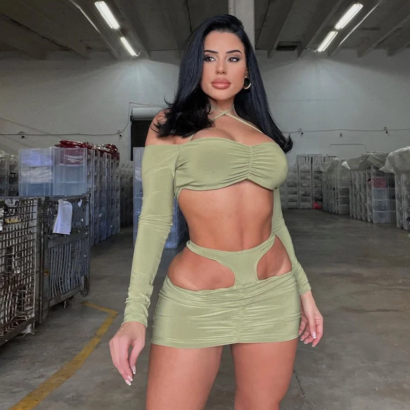 

Модный комплект Zabrina из двух предметов для женщин, Привлекательный Топ с длинным рукавом и вырезом, плиссированная облегающая юбка, женская уличная одежда