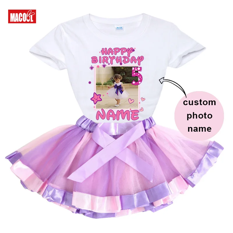 Girl Tutu Set Personalized T Shirt Photo Birthday Outfit Custom Name Shirt Girl Outfit Shirt Set Rainbow Kids Outfit Little Girl