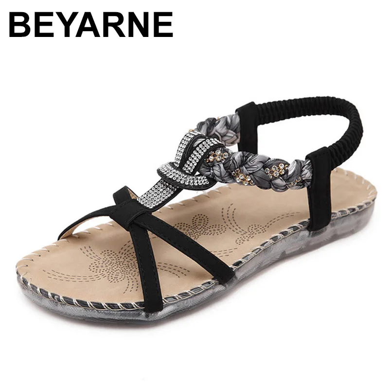 BEYARNE Boho Bohemian National Rhinestone Crystal Diamond Flat Shoes Women Sandals Summer Ethnic Beach Casual Shoes Plus Size45