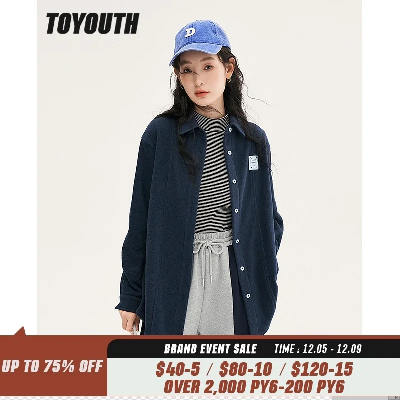 

Toyouth Women Thick Shirts 2022 Winter Long Sleeve Polo Neck Loose Coat Reversible Fleece Navy Casual Warm Jacket Sweatshirts