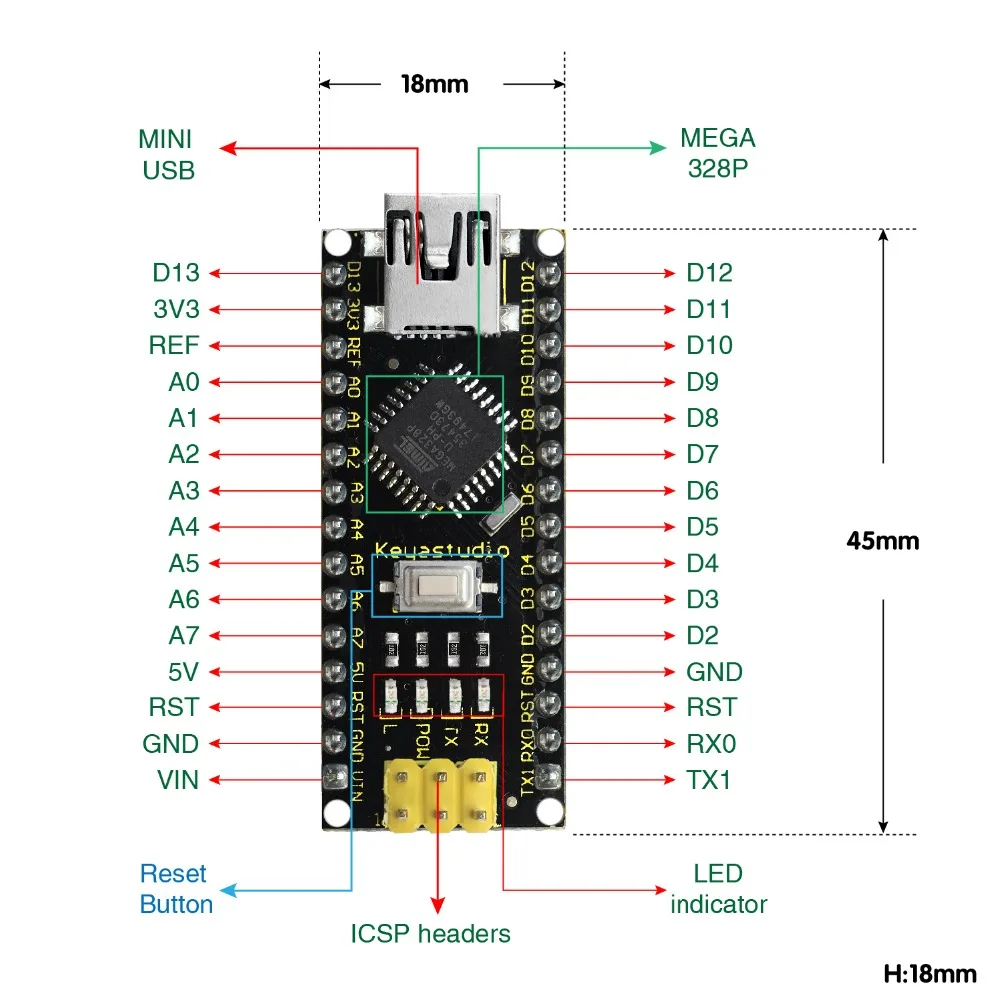 Плата нано-контроллера Keyestudio Atmega328p-au CH340 + USB-кабель для Arduino, программирующий чип для самостоятельной сборки CH340G