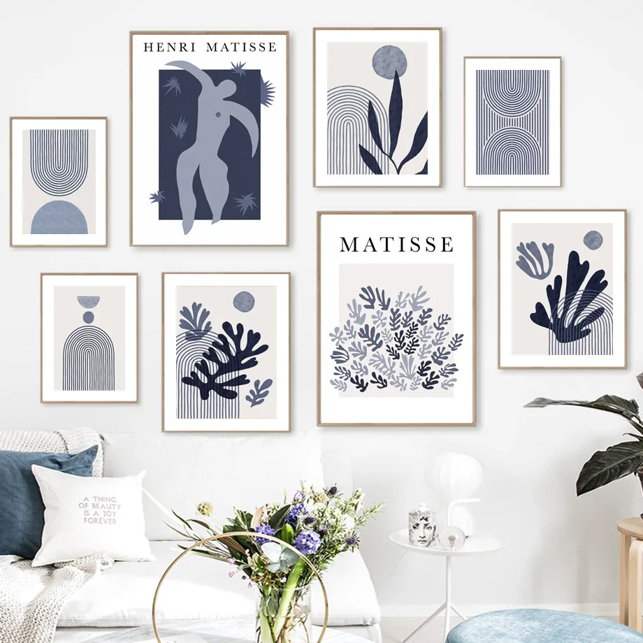 

Blue Boho Abstract Matisse Geometric Line Leaf Plant Wall Art Print Canvas Painting Nordic Poster Decor Pictures For Living Room