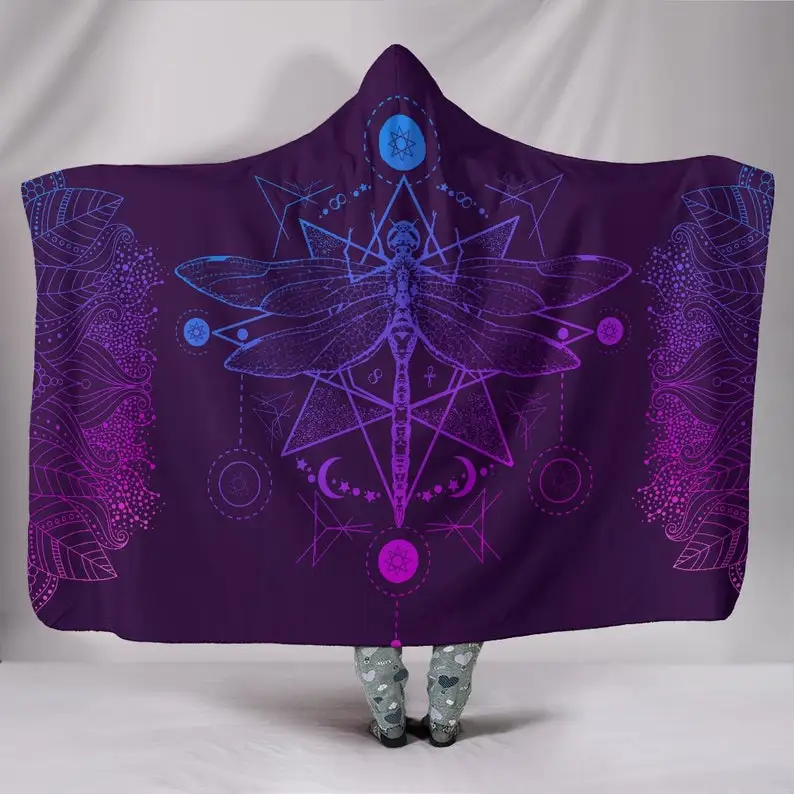

Purple Mandala Dragonfly Hooded Blanket - Sacred Geometry, Dragonfly Design, Magical Spirit Insect, Wearable Blanket Hoodie, Pow