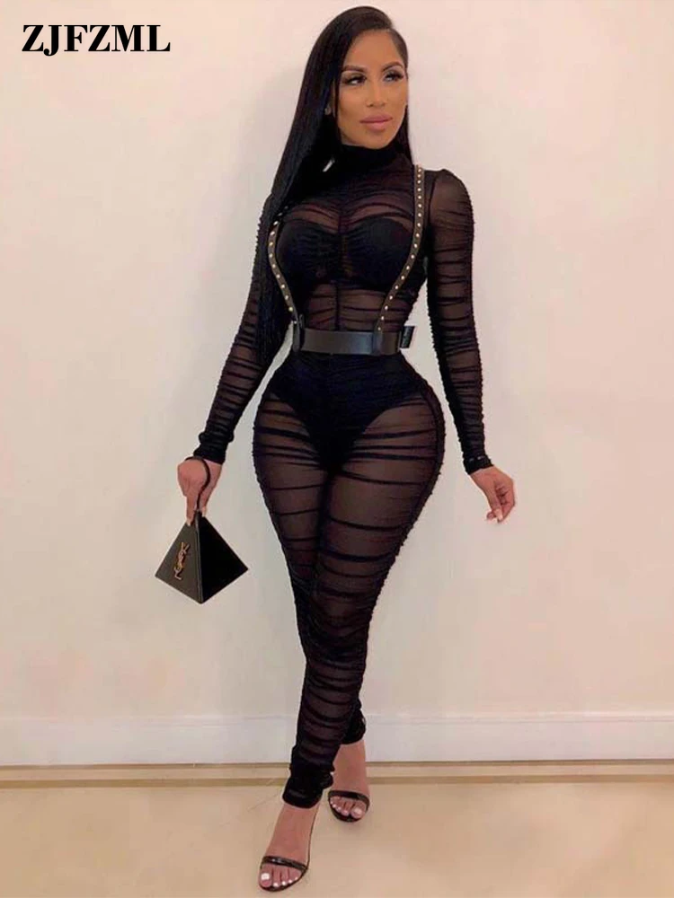 

Прозрачный сетчатый прозрачный комбинезон, женский комбинезон, Облегающий комбинезон с высоким воротником и длинным рукавом, Осенний неон...