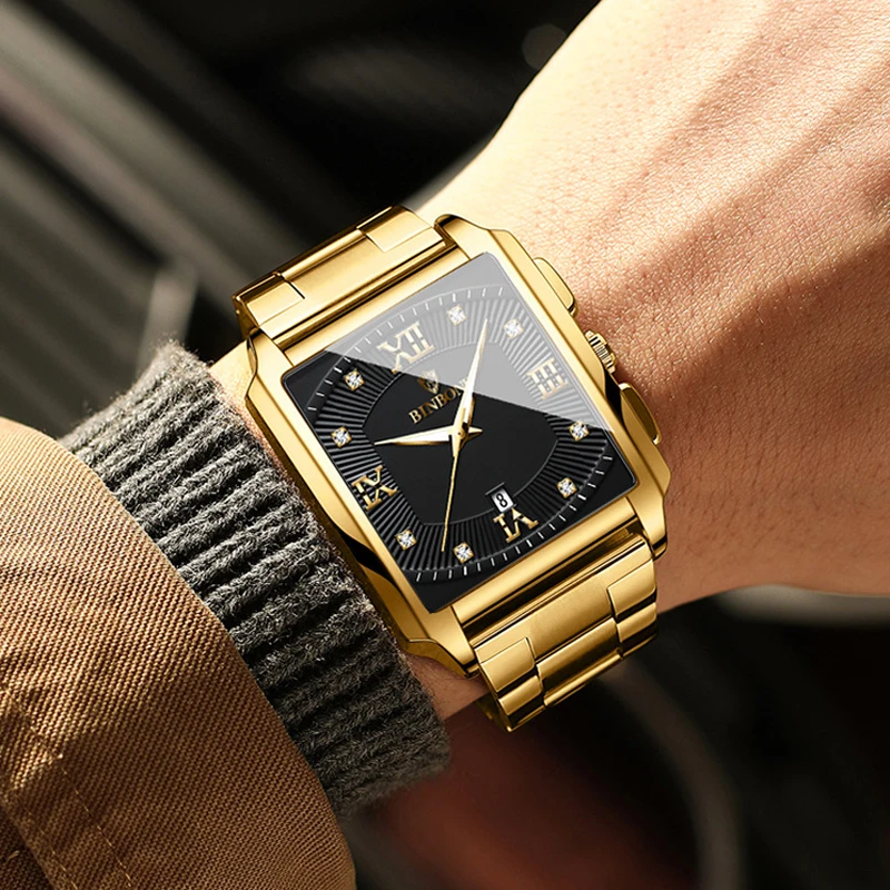 

BINBONG Luxury Gold Strap Men Quartz Watch Fashion Square Dial Design Luminous Hands Waterproof Watch For Men Reloj Hombre B4143
