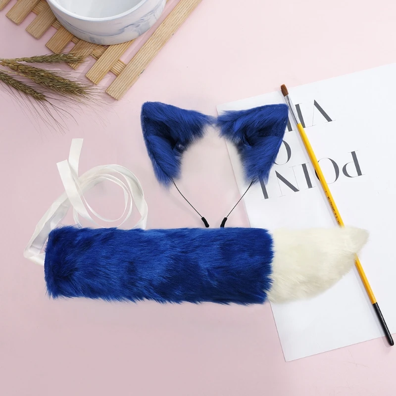 

Искусственный Мех Котенок Волчьи Уши Оголовье Длинный Хвост Набор Ярких Цветов Аниме Одеваются Животных Косплей Костюм Хэллоуин