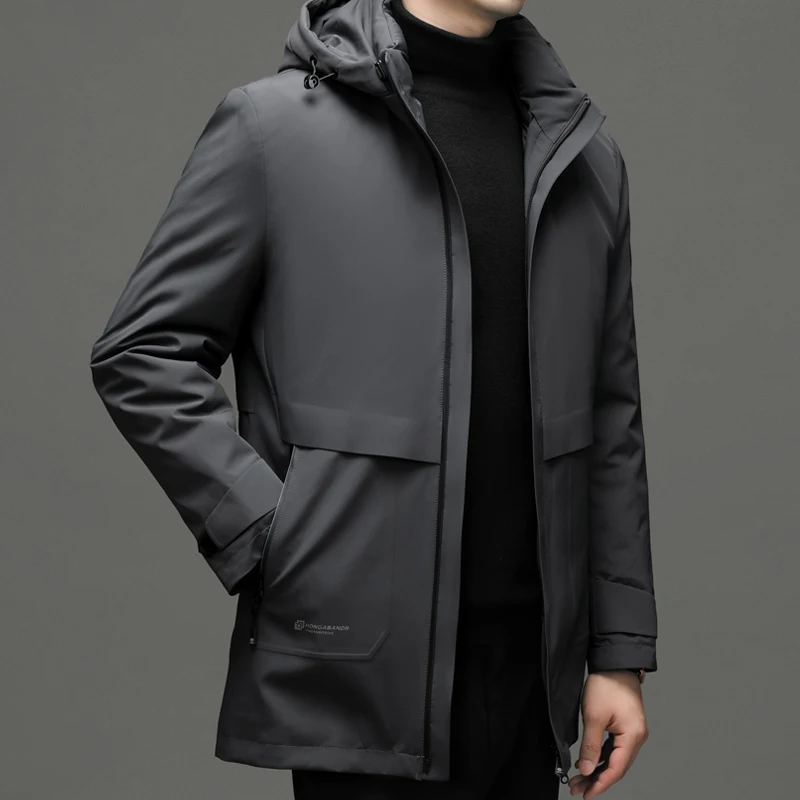 Men Thermal Puffer Parkas Winter Black Grey Navy Blue Puff Lining Dectable Design Warm Hooded Padded Overcoat Male Elegant Coats