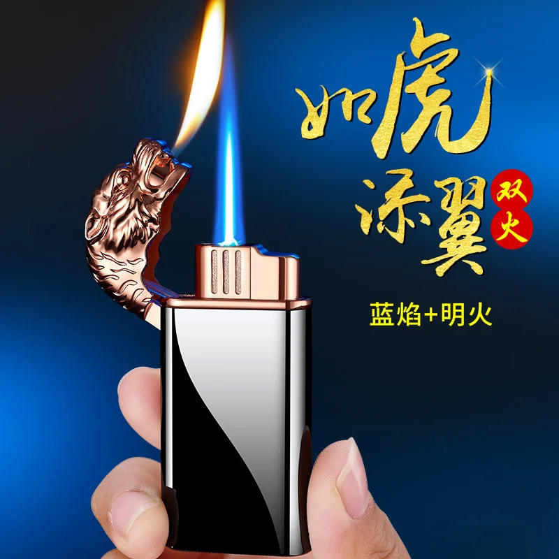 

New Double Fire Lighter Creative Metal Tiger Head Luminous Blue Flame Windproof Open Fire Conversion Inflatable Lighter Men Gift