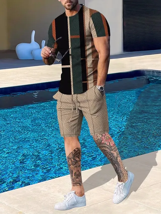 Men Clothes Ropa T-shirt Sets 3D Printed  Round Neck Outdoor Casual Short Sleeve 2 Piece Print Fashion Designer