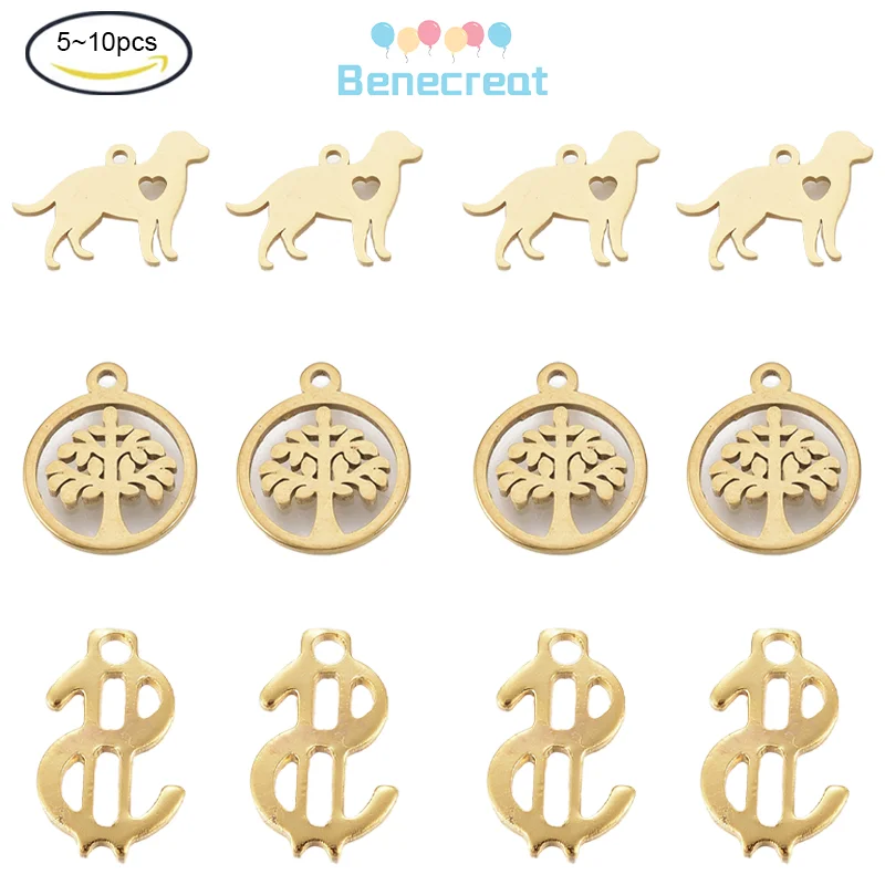 

5-10PC 201 Stainless Steel Charms Dollar/Dog with Heart/Flat Round with Tree of Life Golden 11.5x7x0.8mm for Jewelry Making DIY