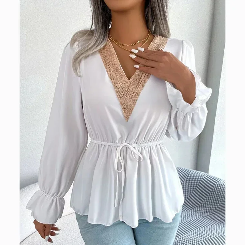 

Осенняя кружевная блузка с расклешенным рукавом и V-образным вырезом, женские повседневные однотонные винтажные офисные рубашки, облегающие элегантные топы на шнуровке, блузы 29594