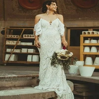 2022 lace boho wedding dress plus size spaghetti straps backless mermaid bohemian wedding dresses chic women hippies bride gowns
