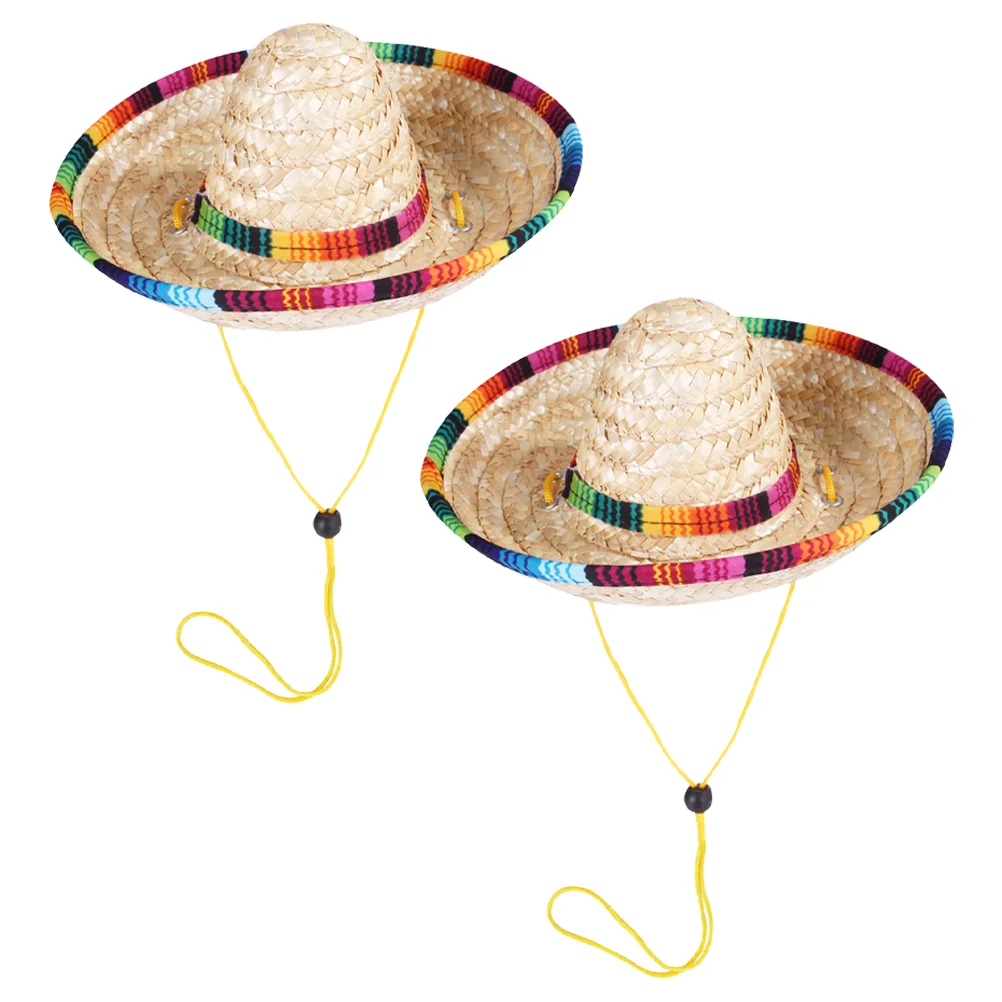

2pcs Fiesta Cinco De Mayo Adjustable Pet Headdress Puppy Straw Hats Puppy Mexico Hats