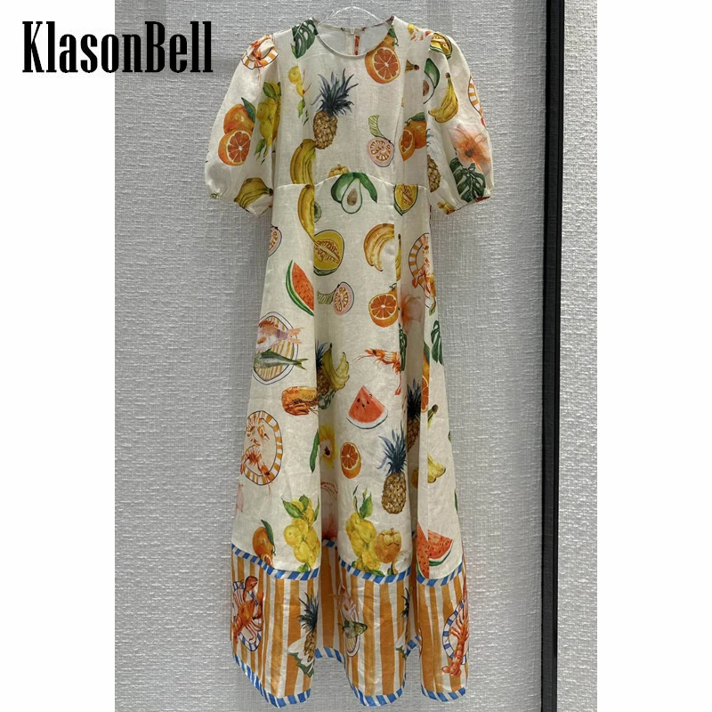 

7.18 KlasonBell Linen Fruits Print Pattern O-Neck Puff Sleeve Collect Waist Beach Holiday Style Midi Dress
