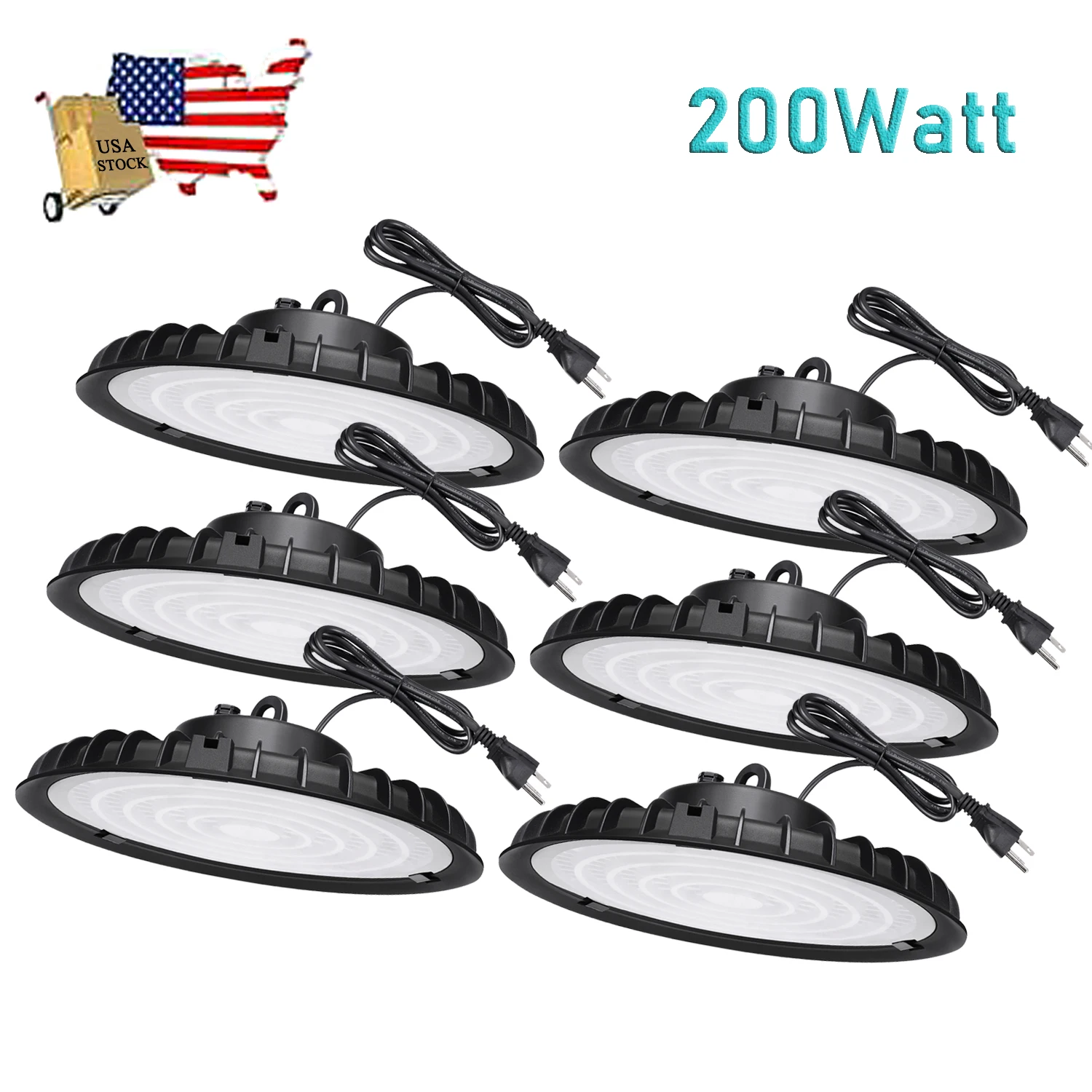 6 Pack 200 Watts UFO Led High Bay Light 200W Commercial Industrial Warehouse Factory Gym Workshop Lights 6000K US STOCK