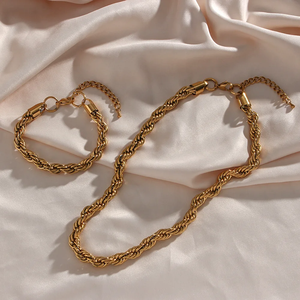 

High Quality Stainless Steel Twist Chain Necklace Bracelet Set for Women 18K Real Gold Plating Choker Luxury Jewelry Gift 5mm